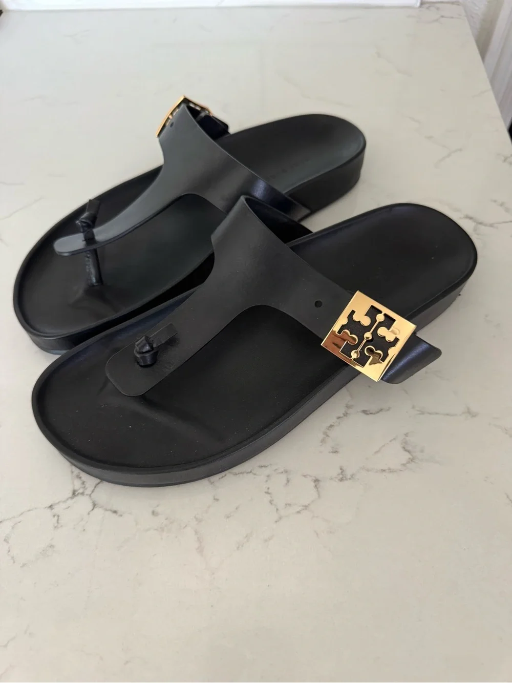 Tory Burch Black Leather Mellow T-Strap Sandals